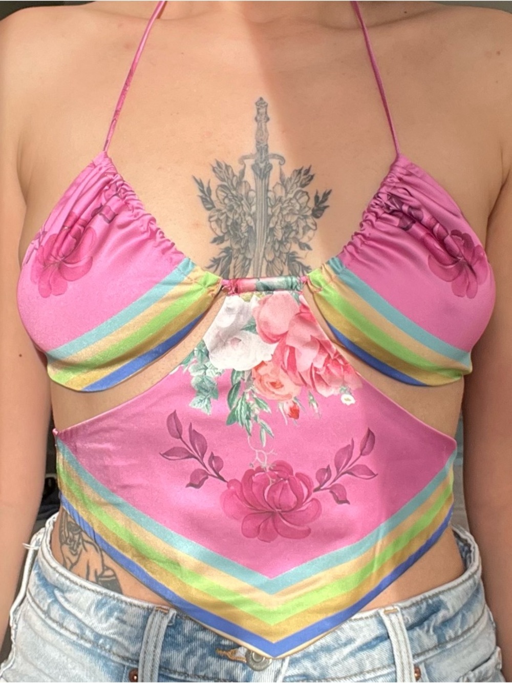 Princess Polly Pink Floral Rainbow Cutout Halter Top
